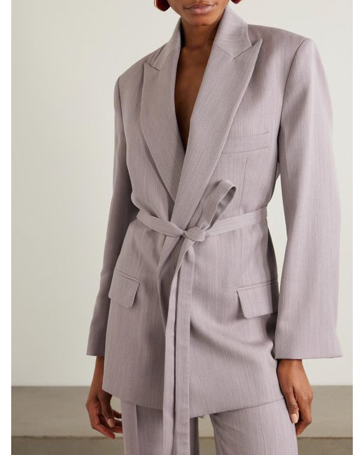 Victoria Beckham Gray Belted Textured-Wool Blazer