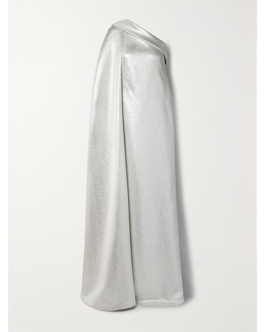 Reem Acra Gray One-Shoulder Cotton-Blend Lamé Gown