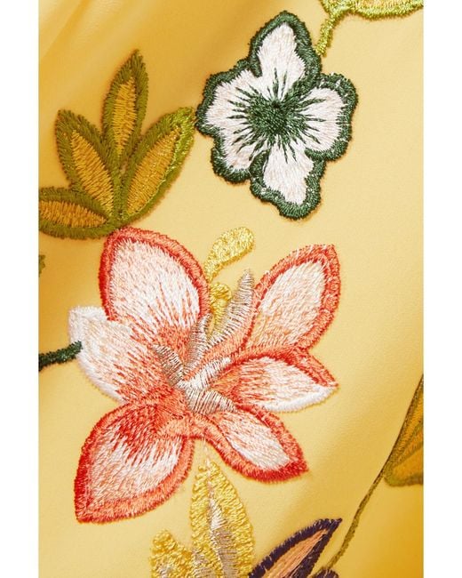 Costarellos Yellow Zinnia Embroidered Crepe Gown