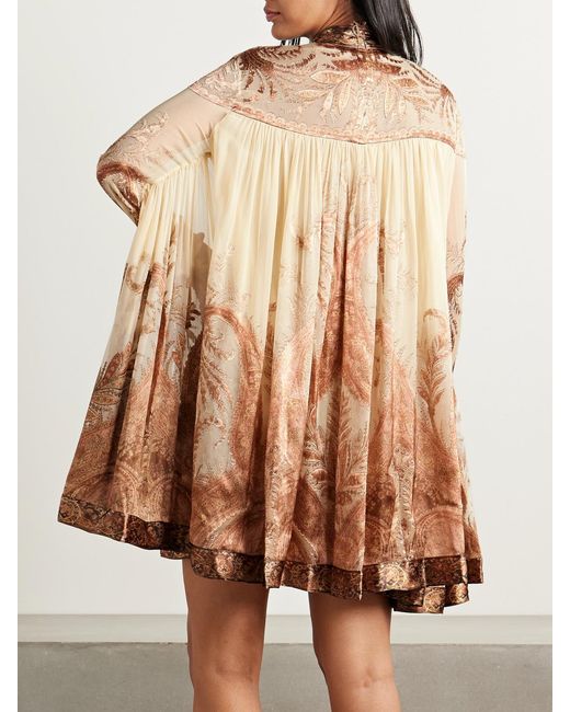 Zimmermann Natural Hypnotic Tie-Neck Paisley-Print Devoré-Velvet Mini Dress