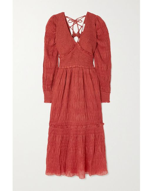 Sea Pasha Pleated Smocked Crepe Midi Dress in Red | Lyst