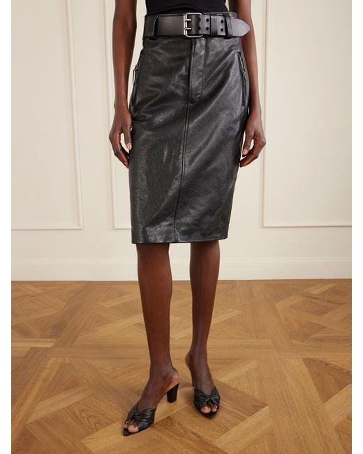Saint Laurent Black Belted Textured-Leather Skirt