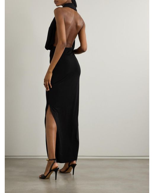 Magda Butrym Black Draped Stretch-Satin Halterneck Gown