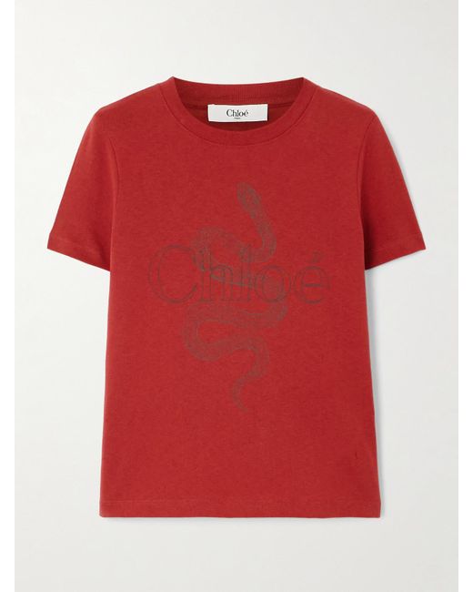 Chloé Red T-Shirt Aus Baumwoll-Jersey Mit Prints