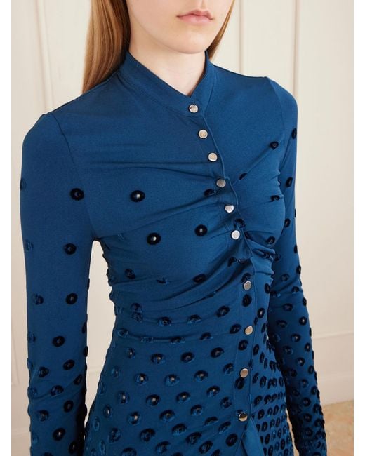 Rabanne Blue Gathered Flocked Jersey Blouse