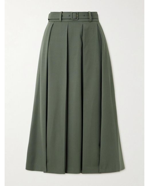 Patou Green Belted Pleated Stretch-Wool Twill Midi Skirt