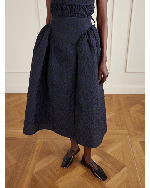 CECILIE BAHNSEN Blue Fabiola Embroidered Cotton-Blend Cloqué Midi Skirt