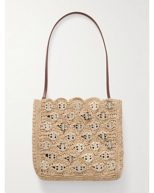 Rabanne Natural Leather-Trimmed Embellished Woven Raffia Shoulder Bag