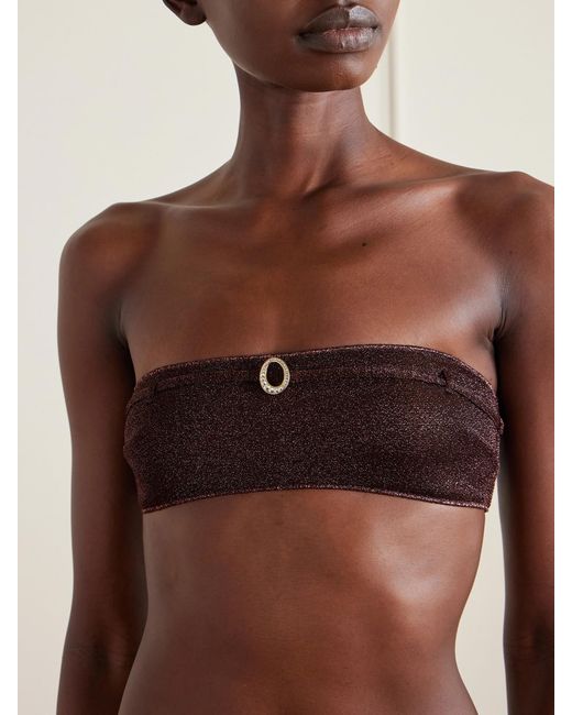 Oseree Brown Lumière Micro Belt Bandeau Embellished Stretch-Lurex Bikini