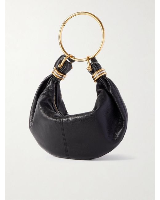 Chloé Black Bracelet Embellished Glossed Textured-Leather Shoulder Bag