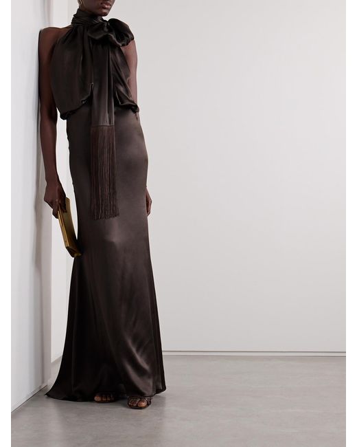 The Attico White Fringed Draped Silk-Satin Maxi Dress