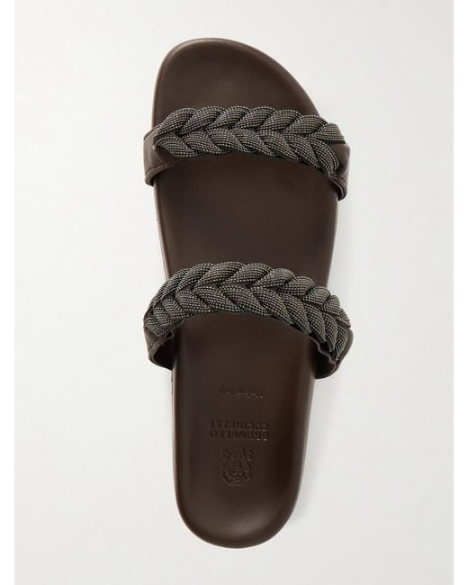 Brunello Cucinelli Brown Bead-Embellished Leather Sandals