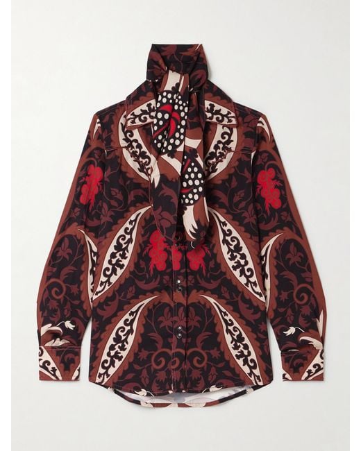 Johanna Ortiz Red Hacia Puerto Tie-Neck Printed Recycled-Twill Shirt