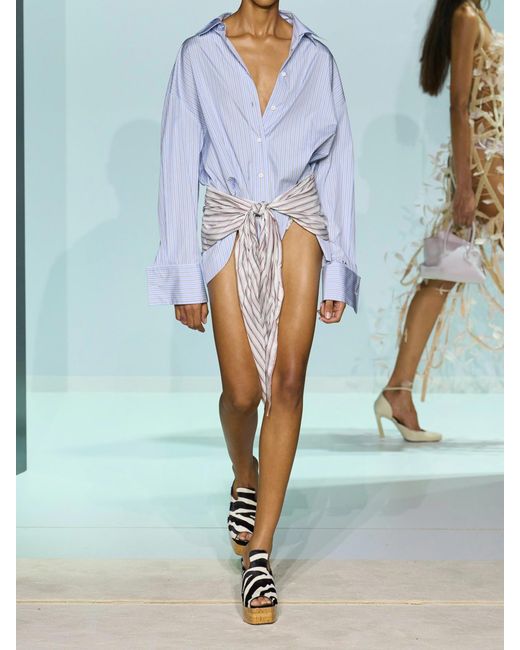 The Attico Blue Belted Striped Cotton-Poplin Mini Dress