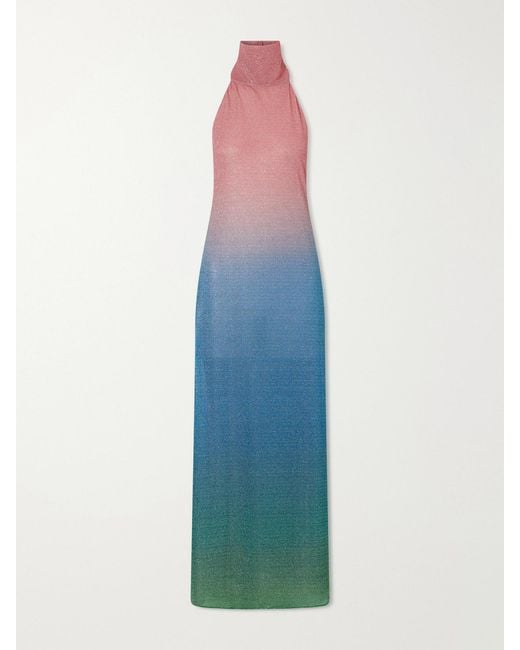 Oseree Blue Lumière Candy Ombrè Metallic Stretch-Knit Halterneck Maxi Dress