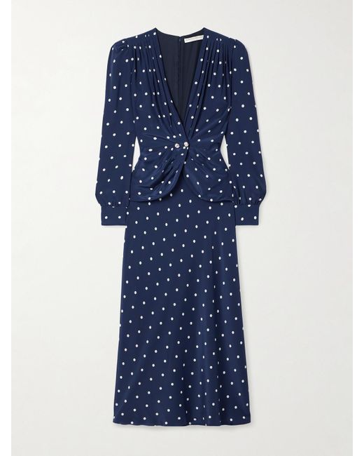 Alessandra Rich Blue Midikleid Aus Crêpe De Chine Aus Seide Mit Polka-Dots, Falten Und Verzierungen