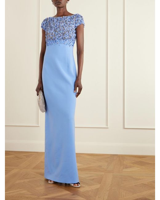 Oscar de la Renta Blue Crystal-Embellished Embroidered Wool-Blend Gown