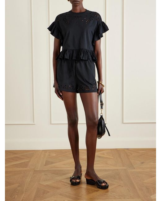 Ulla Johnson Blue Vedi Ruffled Broderie Anglaise Organic Cotton-Jersey Shorts
