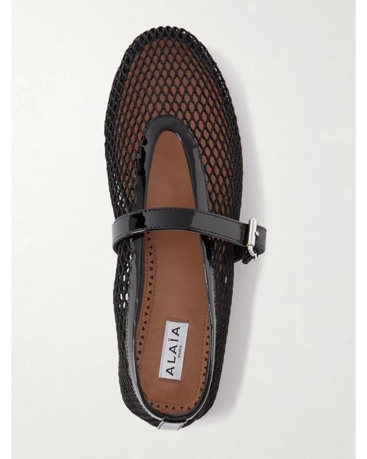 Alaïa Black Patent Leather-Trimmed Mesh Ballet Flats