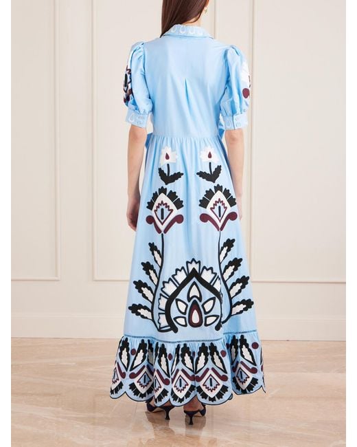 Farm Rio Blue Tie-Front Scalloped Appliquéd Cotton-Poplin Maxi Dress