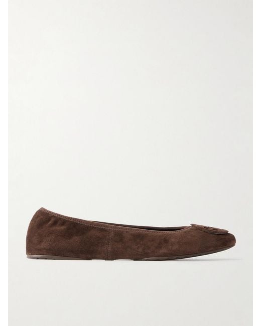 Tory Burch Brown Reva Embellished Suede Ballet Flats