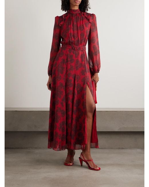Saloni Red Jacqui-B Printed Silk Crepe De Chine Maxi Dress
