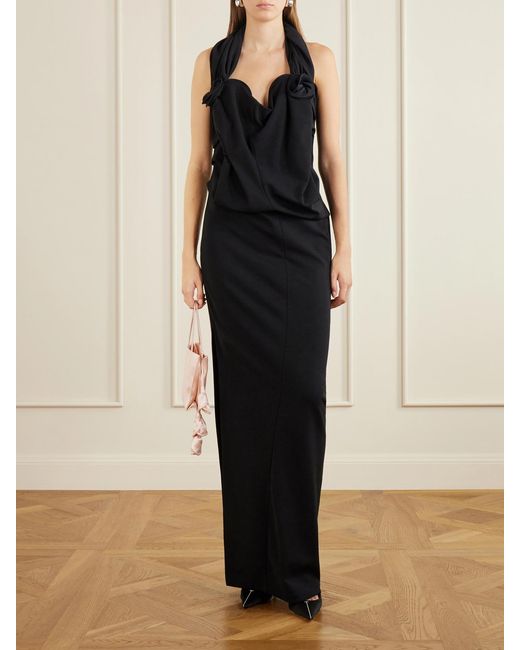 Magda Butrym Black Floral-Applique Ruched Wool-Blend Maxi Dress