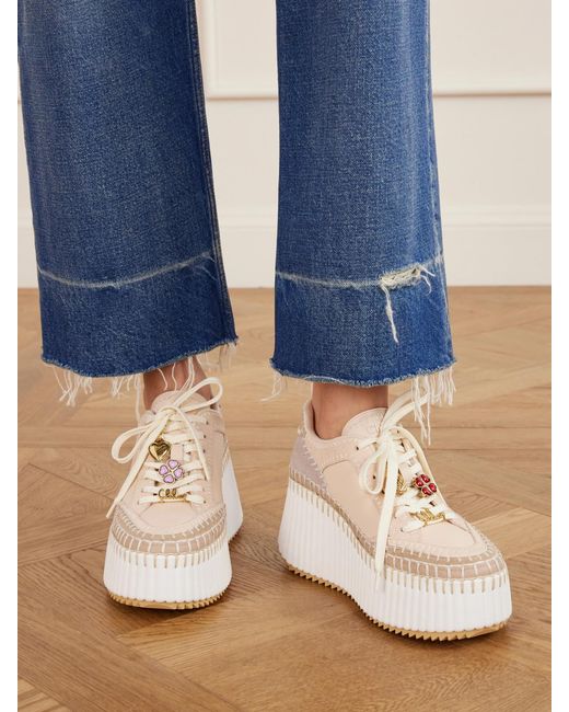 Chloé Natural Nama Patchwork Suede-Trimmed Leather Platform Sneakers