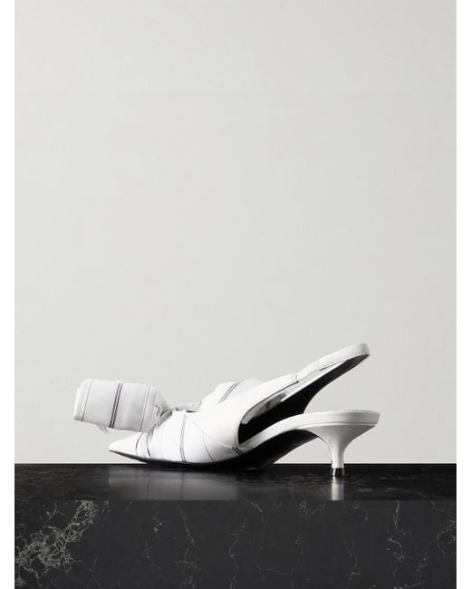 Balenciaga White Striped Poplin-Trimmed Leather Slingback Pumps