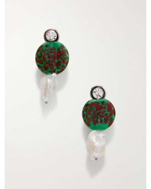 Dries Van Noten Green Tone, Glass And Pearl Earrings