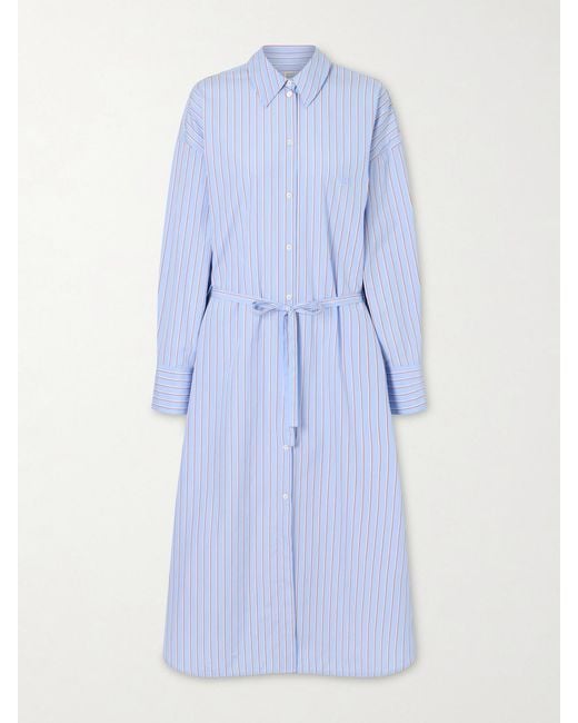 Totême Blue Belted Striped Cotton-Poplin Maxi Shirt Dress