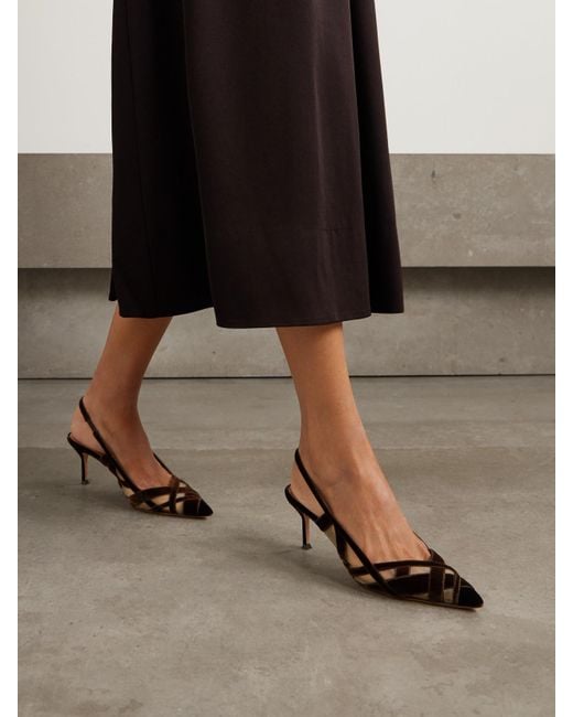 Aquazzura Brown Wrap Me Up 65 Velvet And Mesh Slingback Pumps