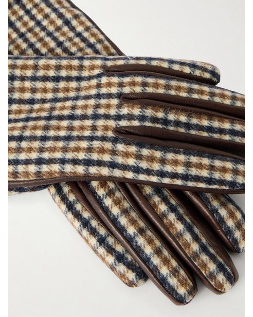 Brunello Cucinelli Brown Checked Wool And Leather Gloves