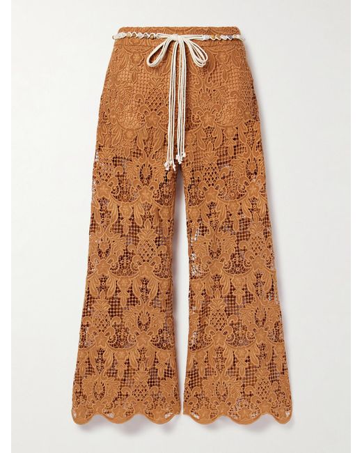 Zimmermann Brown Coco Schlaghose Aus Guipure-Spitze Mit Bindegürtel
