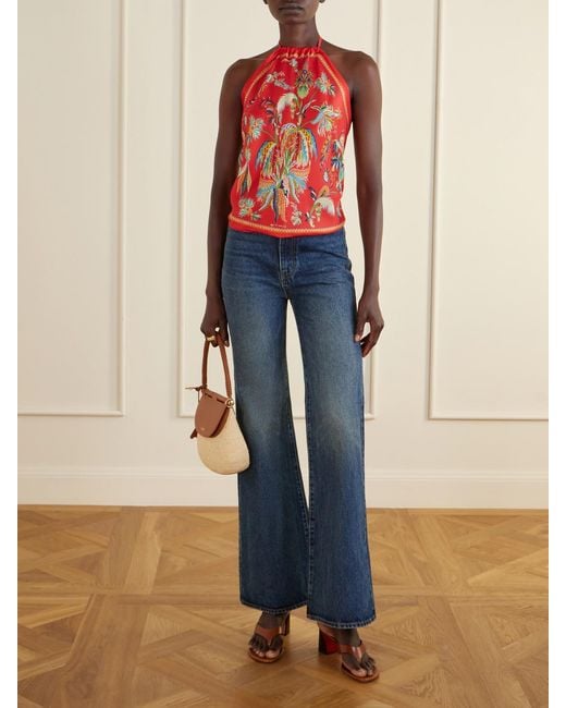 Etro Red Printed Silk-Satin Halterneck Top