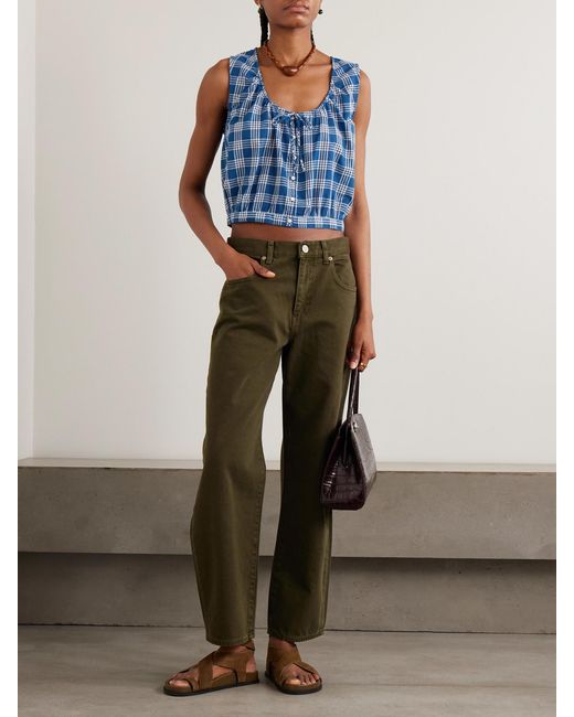 Doen Blue Theo Cropped Checked Organic Cotton Top