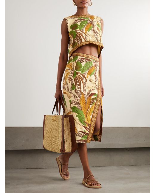 Farm Rio Metallic Tasseled Printed Linen-Blend Wrap Midi Skirt