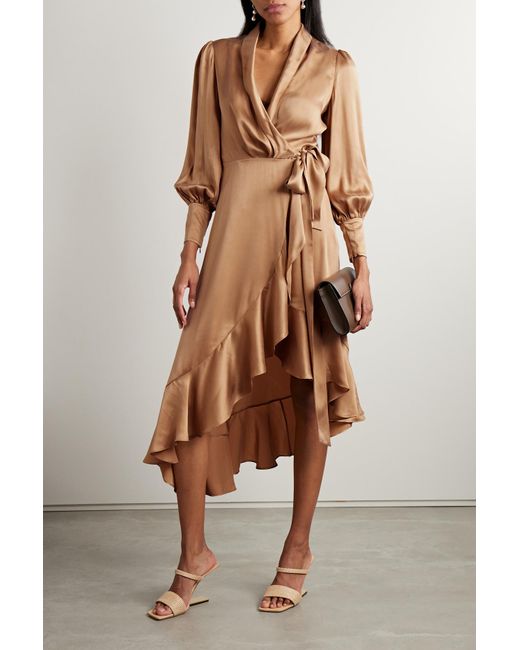 Zimmermann Asymmetric Silk satin Midi Wrap Dress in Brown Lyst UK