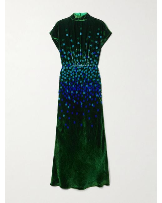Saloni Green Fabienne Gathered Printed Velvet Midi Dress