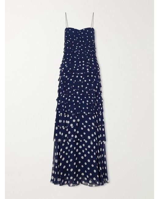 Saloni Blue Niki Polka-Dot Chiffon Gown