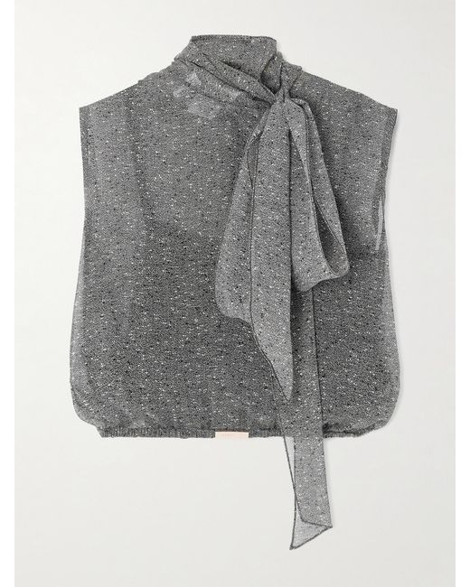 Gucci Gray Scarf-Detailed Printed Georgette Blouse