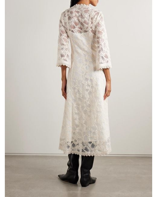 Maison Mayle White Valesca Silk Jacquard-Trimmed Cotton-Blend Guipure Lace Midi Dress