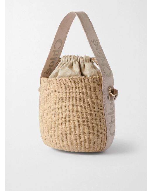 Chloé Natural Woody Small Leather-Trimmed Raffia Basket Bag