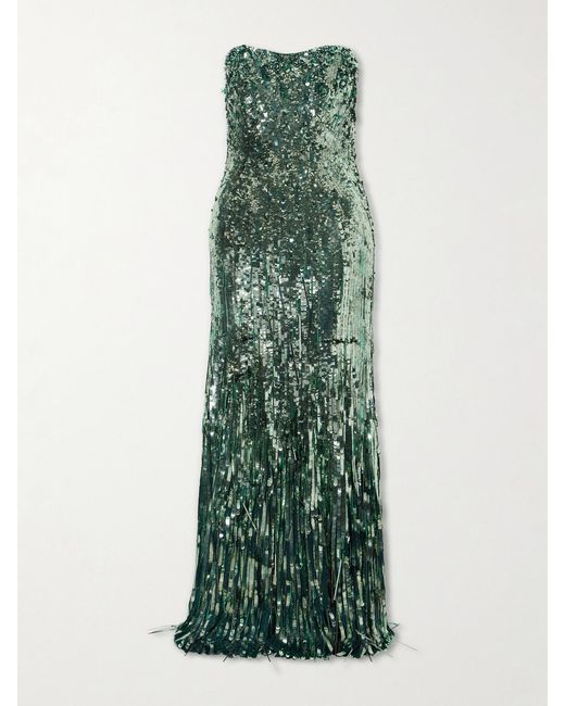 Jenny Packham Green Kimi Frayed Sequined Tulle Gown