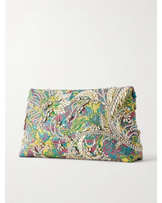Dries Van Noten Green Embellished Floral-Jacquard Clutch