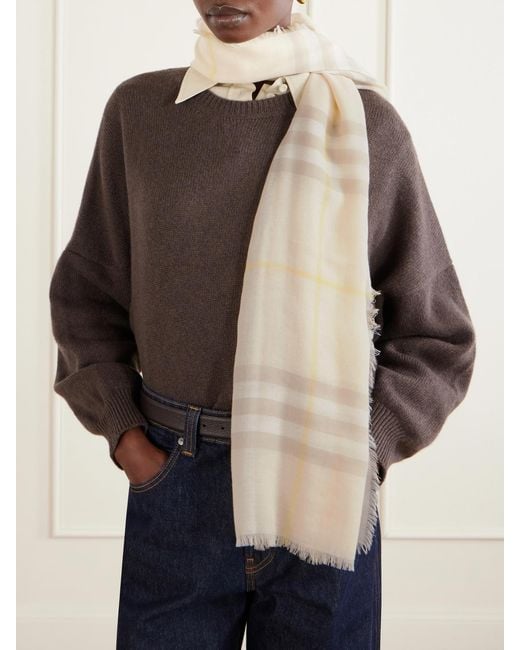 Burberry Natural Frayed Checked Wool Scarf