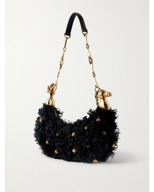 Chloé Black Chain Horse Embellished Shearling Shoulder Bag