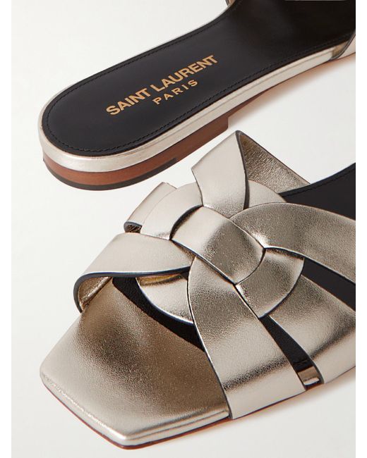 Saint Laurent White Tribute Woven Metallic Leather Slides