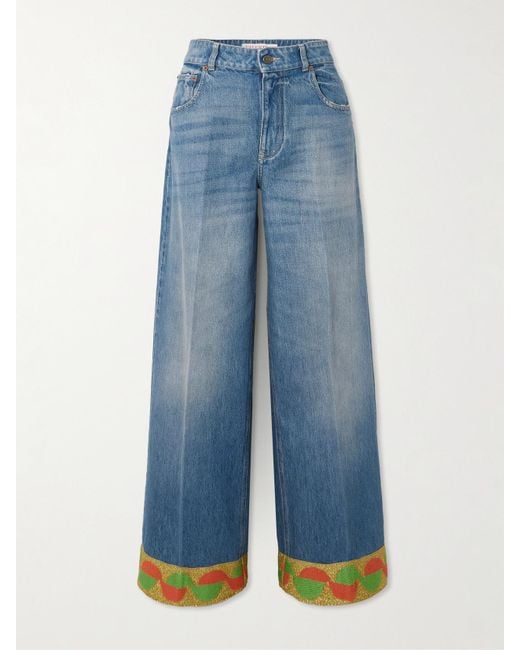 Valentino Garavani Blue Metallic Jacquard-Trimmed High-Rise Wide-Leg Jeans
