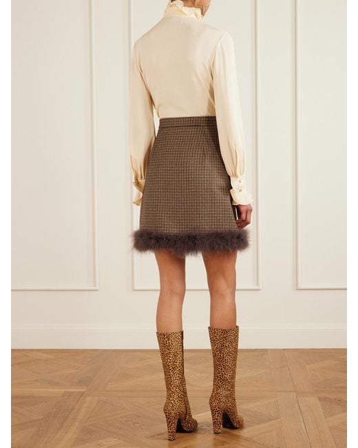Valentino Garavani Natural Feather-Trimmed Houndstooth Wool Mini Skirt
